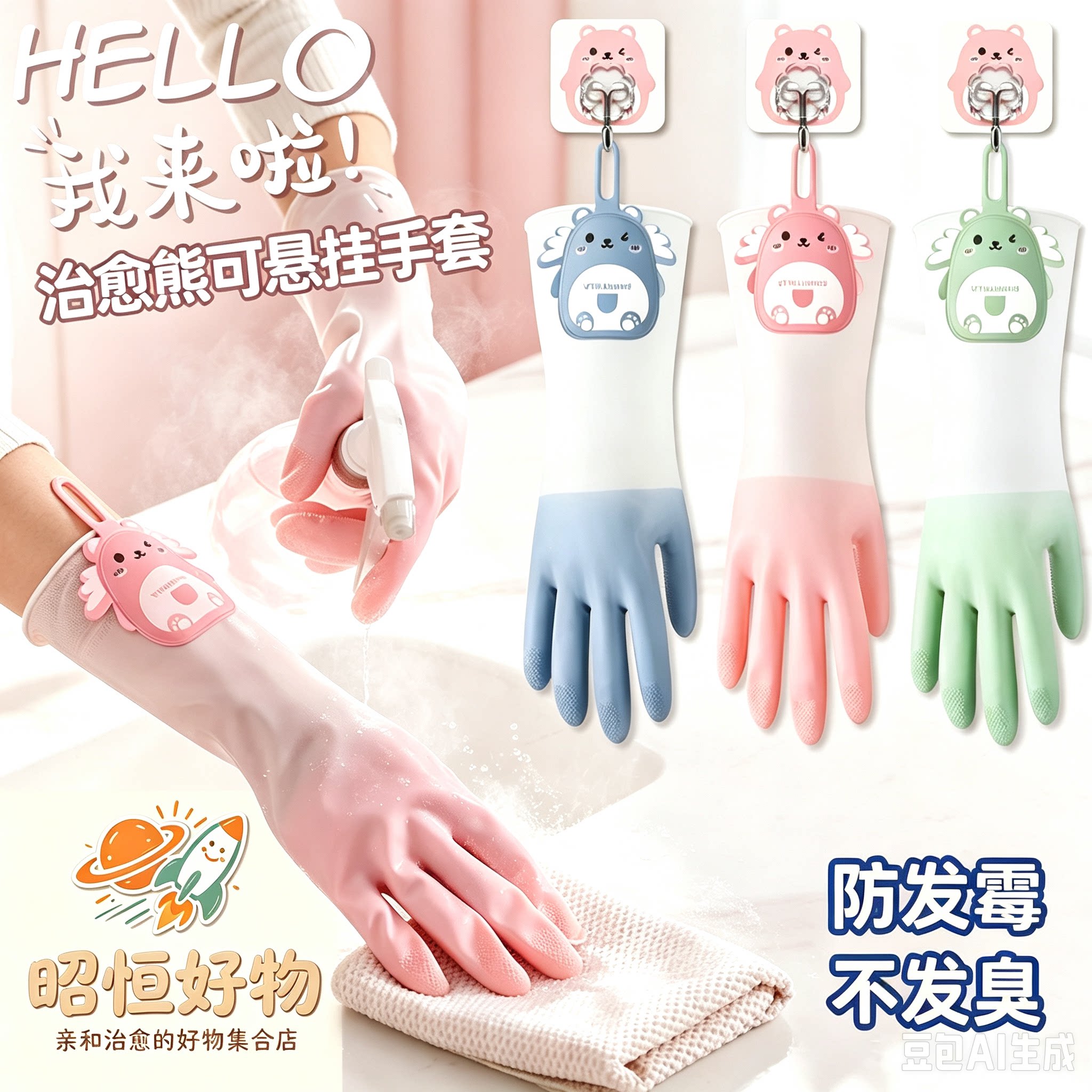 【治愈熊】乳胶防护手套家务洗碗厨房耐用可挂加厚乳胶防水手套YS