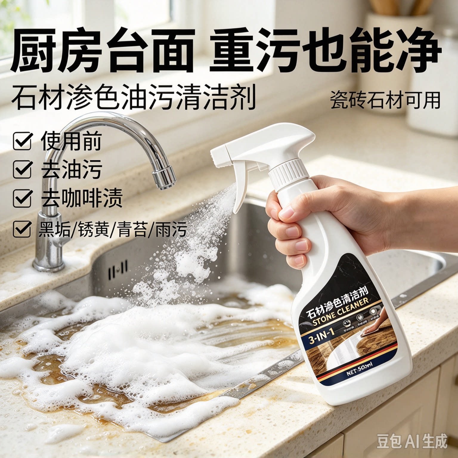【新升级版】石材渗色清洁剂厨房台面强力去污大理石抛光石英石CJ