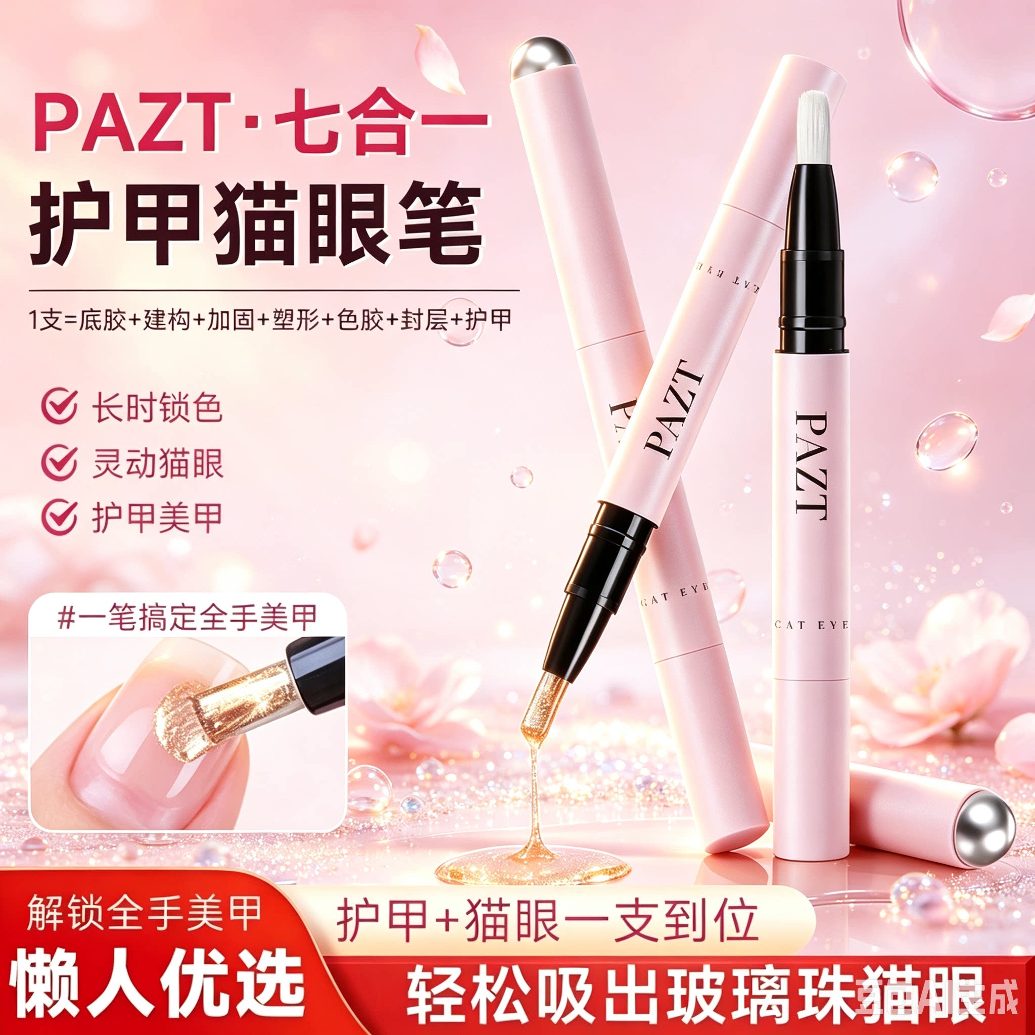 PAZT护甲油猫眼笔7合1美甲笔猫眼裸色无需底胶封层自带磁吸新手CZ