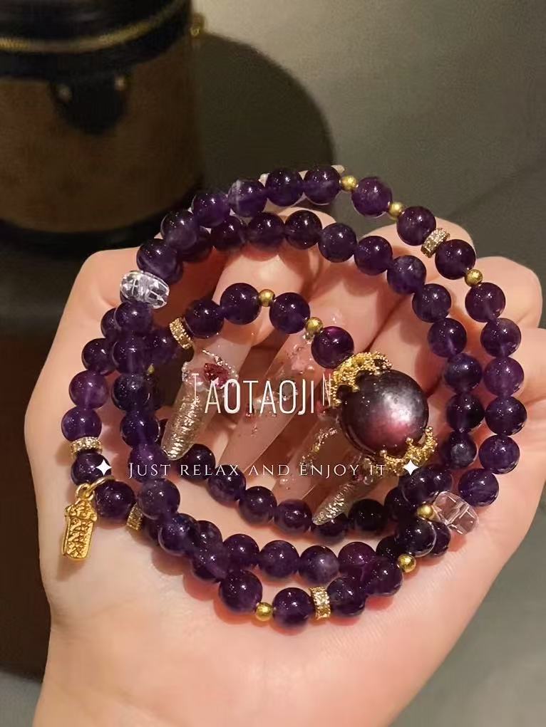 紫水晶手串三圈紫锂云母手链女款