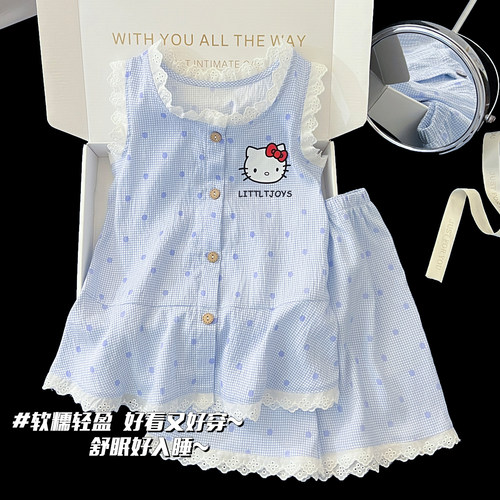 女童可爱凯蒂猫无袖薄款睡衣夏季儿童卡通云朵棉公主风家居服套装