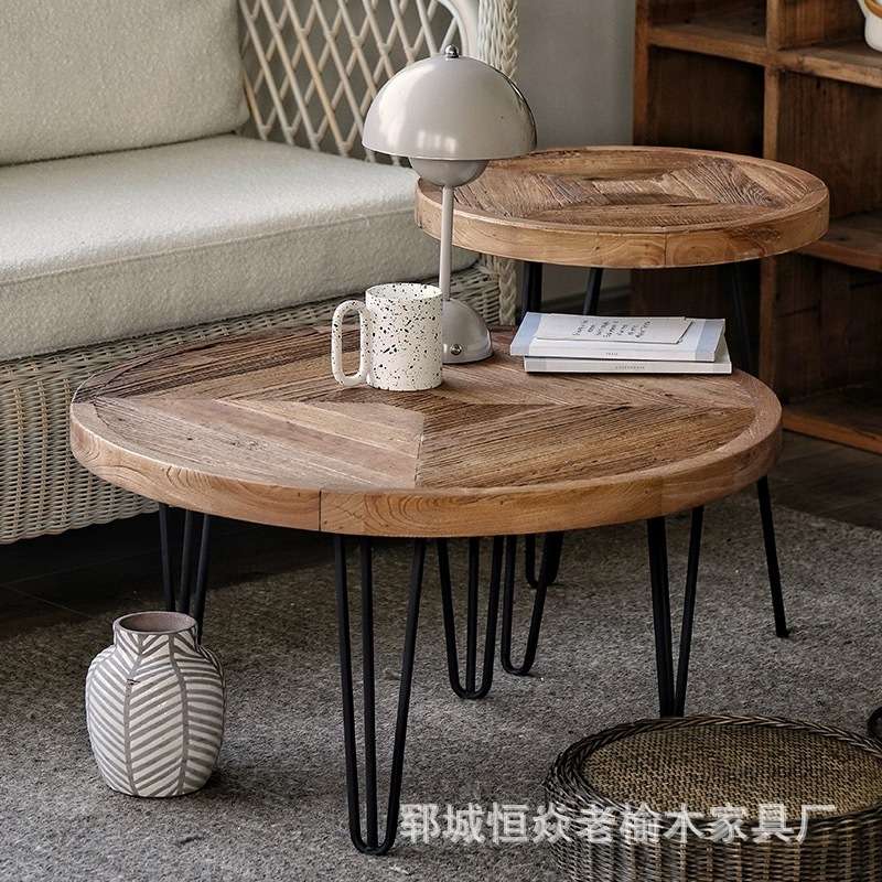 老榆木客厅高低茶桌新中式圆桌落地式地台桌卧室看书桌榆木泡茶台