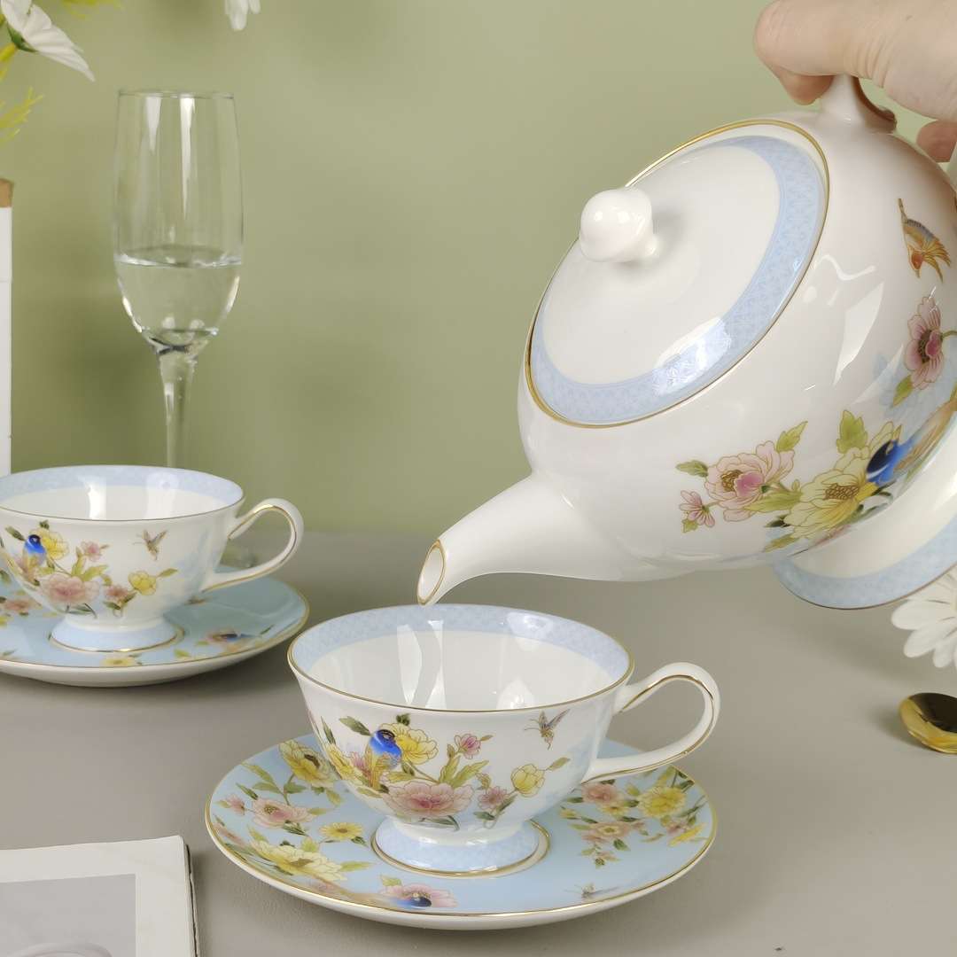 鸣海鸟语花香系列一壶两杯碟5件套英式下午茶轻奢杯子茶壶杯具