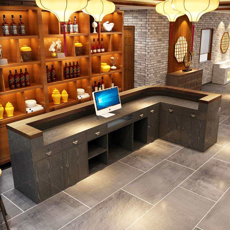 复古收银台转角饭店餐厅酒吧吧台桌餐馆烧烤店铺商用实木弧形