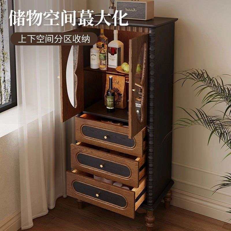 高柜餐边柜法式复古实木餐边柜靠墙一体高柜北欧日式中古储物柜
