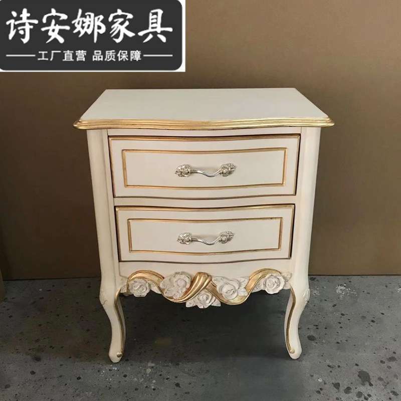 意式法式实木雕花床欧式重工雕花 白色玫瑰花米黄色真丝双人床