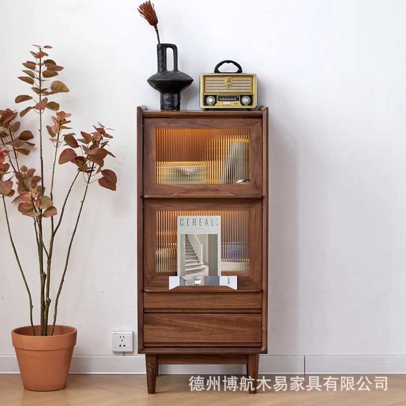 北美黑胡桃实木书柜北欧翻门电视边柜餐边柜带玻璃储物柜沙发边柜