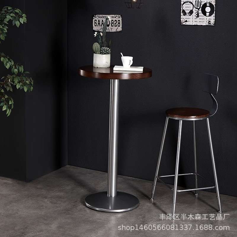 美式乡村酒吧高脚圆形吧桌loft铁艺复古高脚咖啡桌工业风吧台桌椅