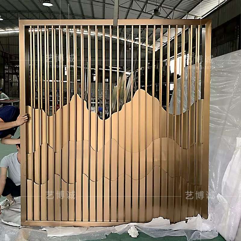 新中式不锈钢景墙屏风 隔断现代简约入户金属花格镂空玄关装饰