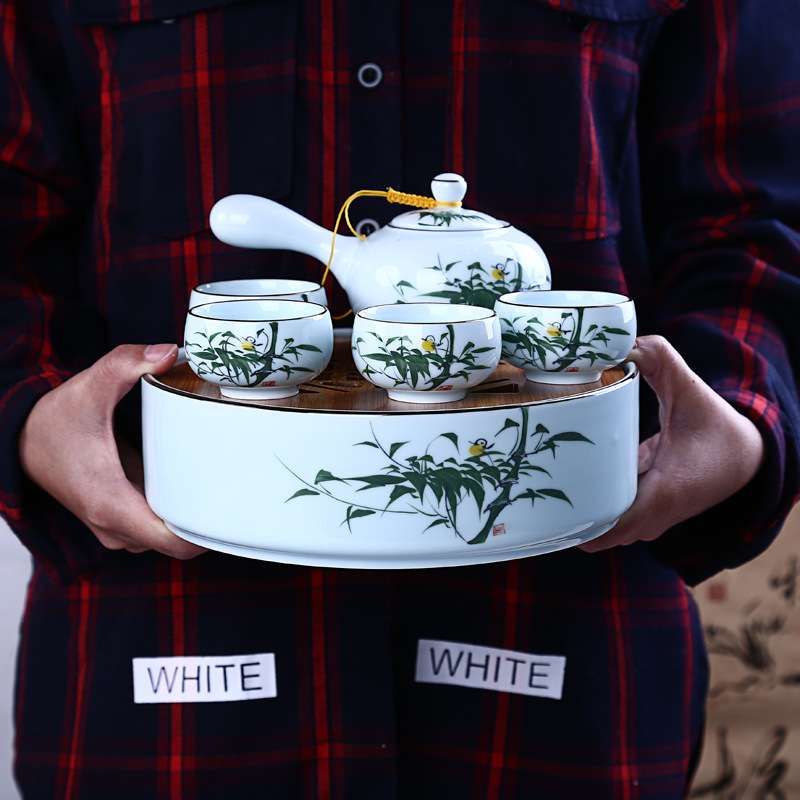 联纵 青瓷手绘茶盘旅行茶具 手绘茶具竹制圆形储水式干泡茶具套组