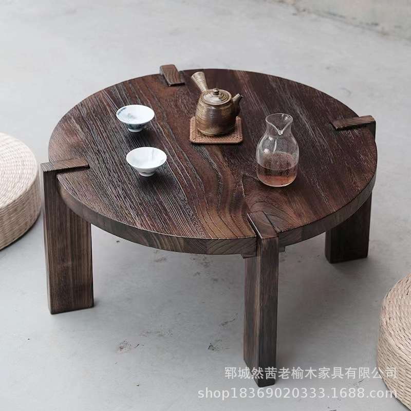 创意老榆木小茶几酒店民宿禅意飘窗喝茶桌圆形方形炕桌实木小茶台