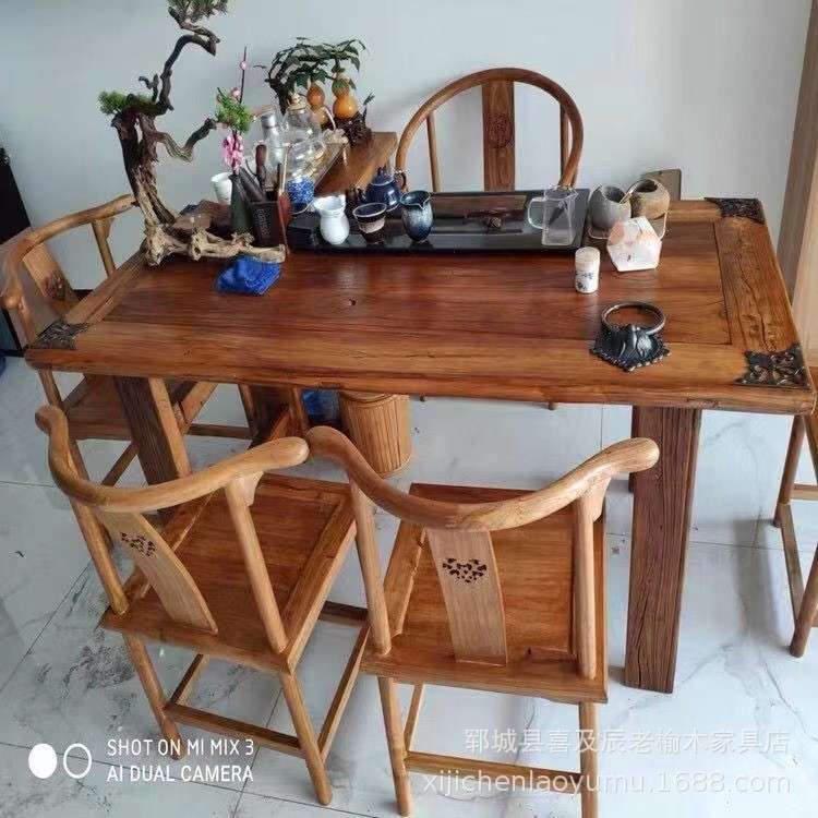 老榆木实木茶桌家用铁角阳台木桌子餐桌办公室喝茶桌椅组合