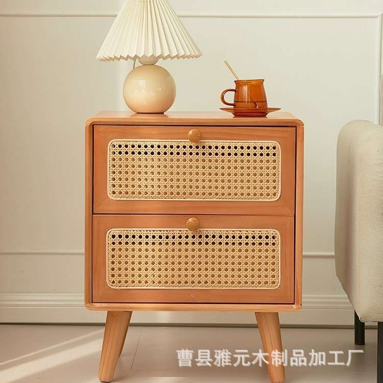 轻奢北欧藤编床头柜日式卧室小型储物柜网红实木床边柜床头边几柜