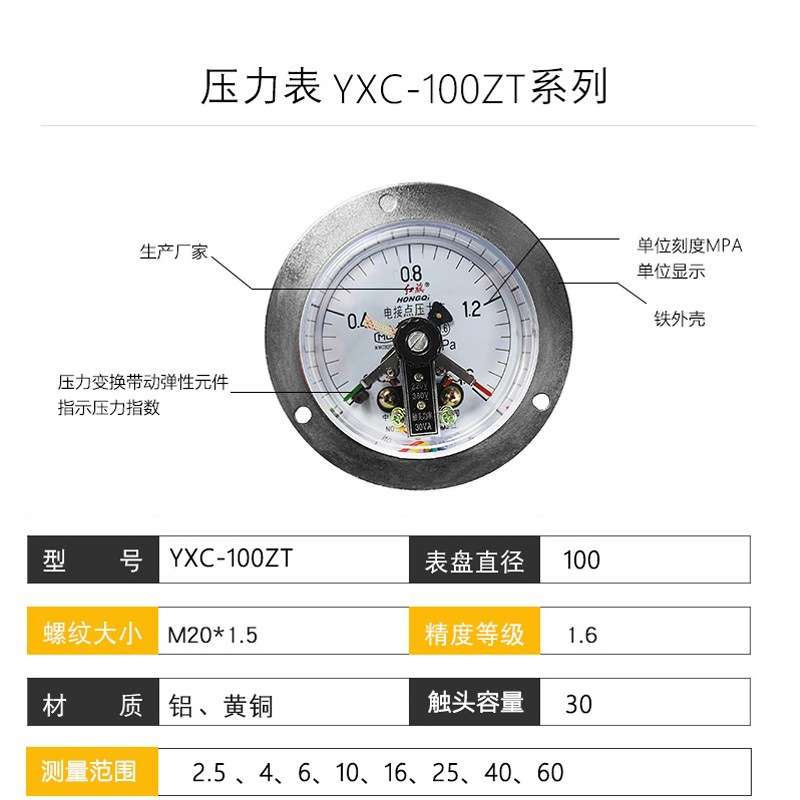 红旗磁助式电接点压力表YXC-100ZT轴向带边电触点压力开关全规格