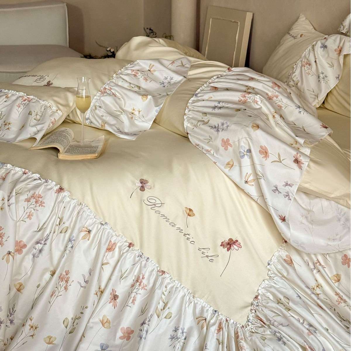 美拉德风法式100支加厚全棉贡缎四件套印花纯棉床单被套床上用品4