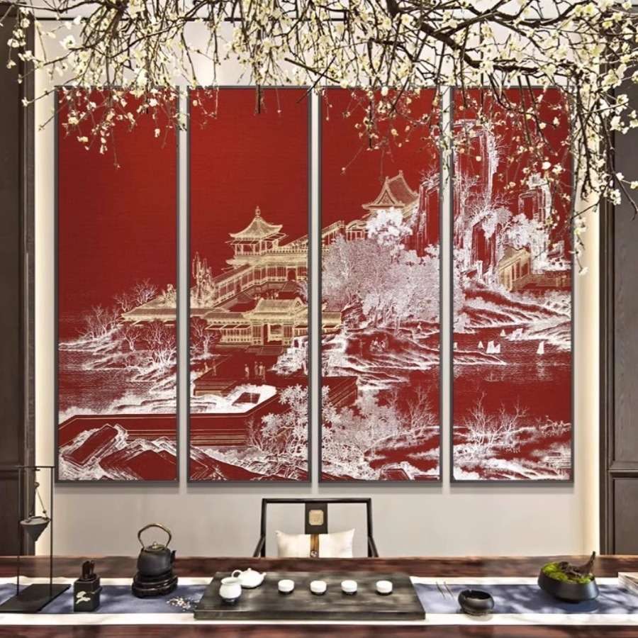玄关茶室高档浮雕红色壁画客餐厅酒店书房中堂新中式多联装饰挂画
