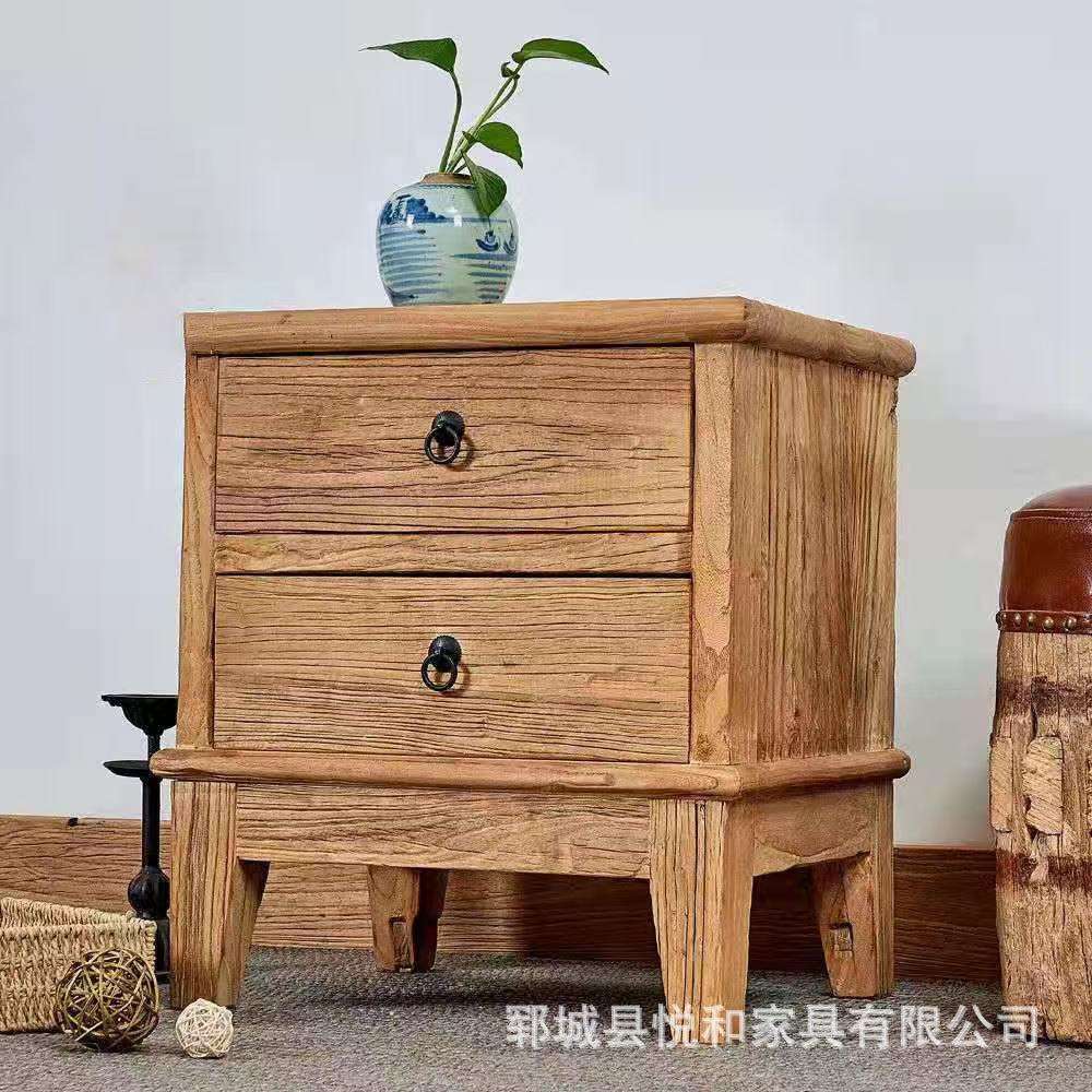 复古老榆木床头柜新中式家具落地式矮柜带抽屉式床边斗柜储物柜