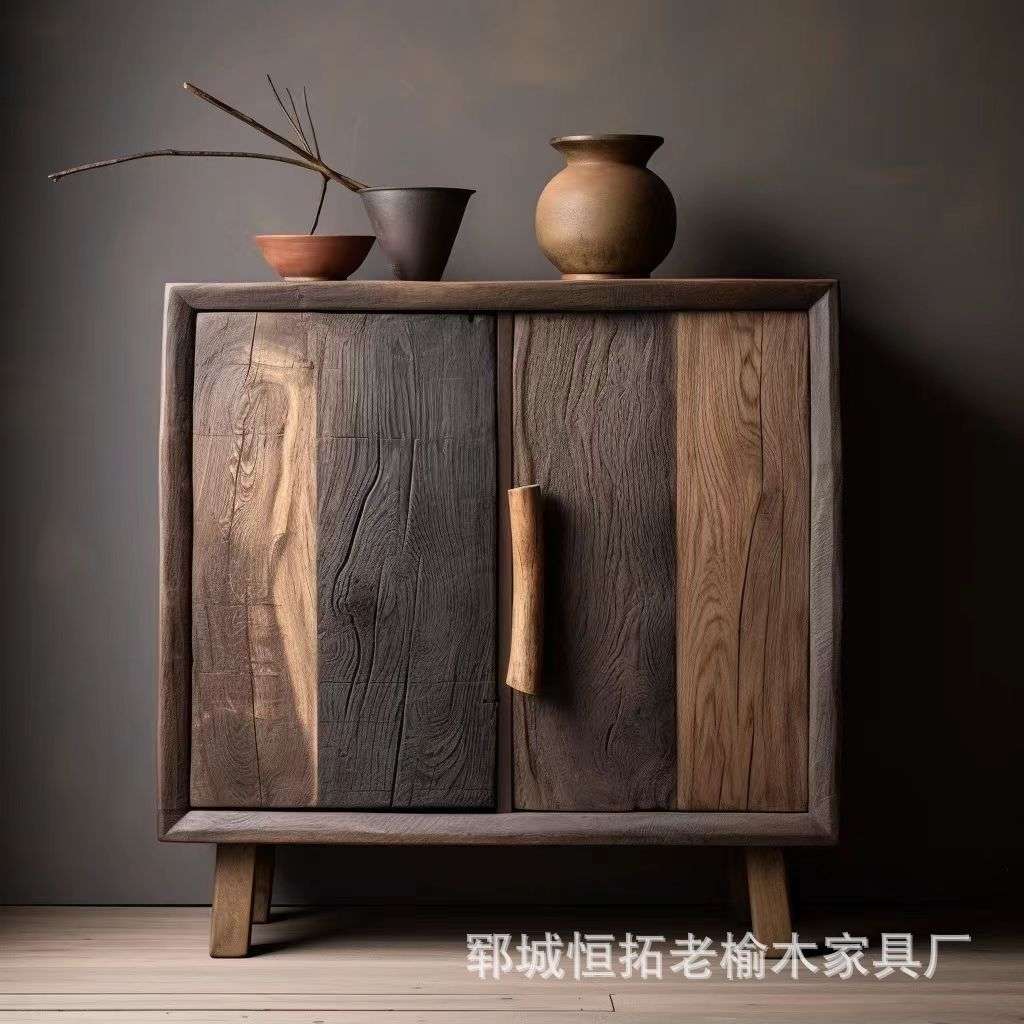 复古老榆木茶水柜客厅餐边柜收纳柜办公室饮水机一体储物柜