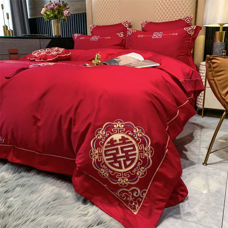 100支刺绣婚房婚庆四件套结婚全棉100纯棉大红六件套床上用品