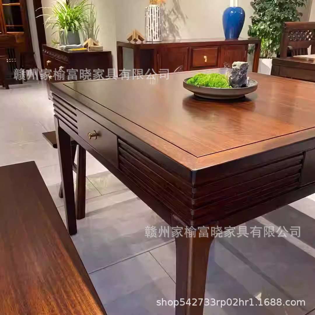 新中式黑檀木八仙桌方餐桌带4抽屉 尺寸:1米*1米