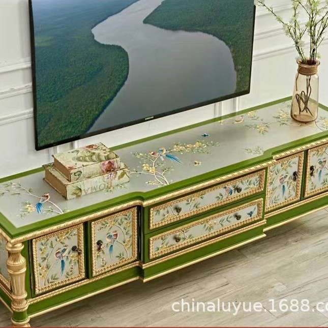 欧式彩绘实木电视柜现代简约美式储物柜客厅法式彩绘复古落地柜