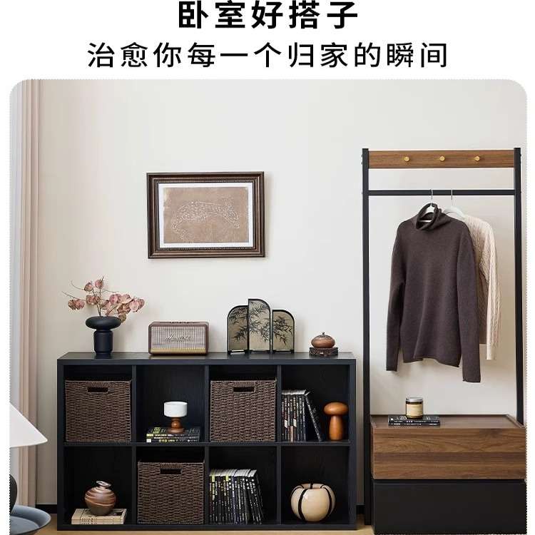 A6T中古风四格柜黑色卡莱克格子柜客厅沙发边柜书柜落地置物架小