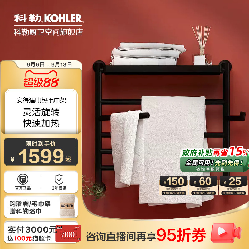 科勒智能电热毛巾架浴室架子卫生间加热烘干浴巾架置物架29354T图片