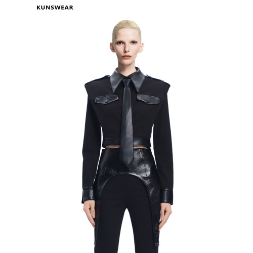 KUNSWEAR/琨丝薇尔26FA 工装风拼接皮领带高腰长袖上衣 846004151