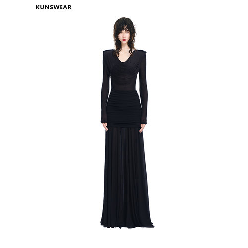 KUNSWEAR/琨丝薇尔26FA V领收腰鱼尾黑色礼服连衣长裙 844001130