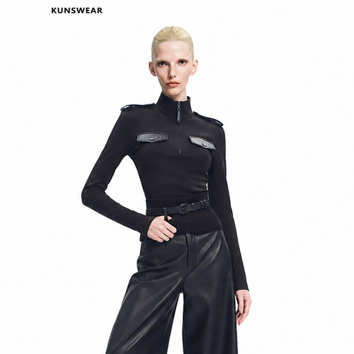 KUNSWEAR/琨丝薇尔26FA 立领设计感拼接长袖打底上衣女 846004340