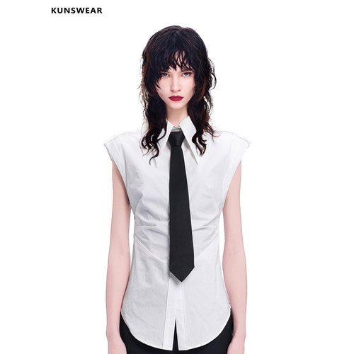 KUNSWEAR/琨丝薇尔26SU 设计感领带夏款女装收腰无袖白衬衫上衣
