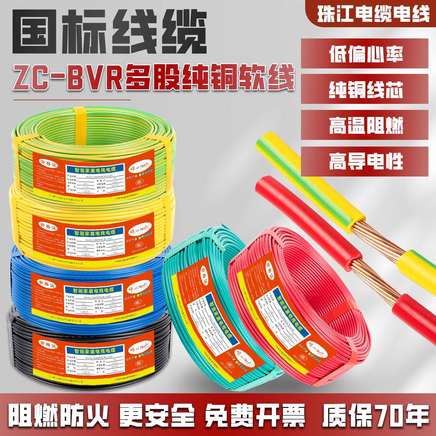珠江电缆电线软线国标纯铜1.5/2.5/4/6平方阻燃家装工程单芯线BVR