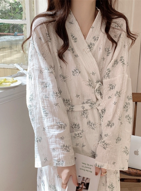 夏秋女士碎花系带长袖睡袍