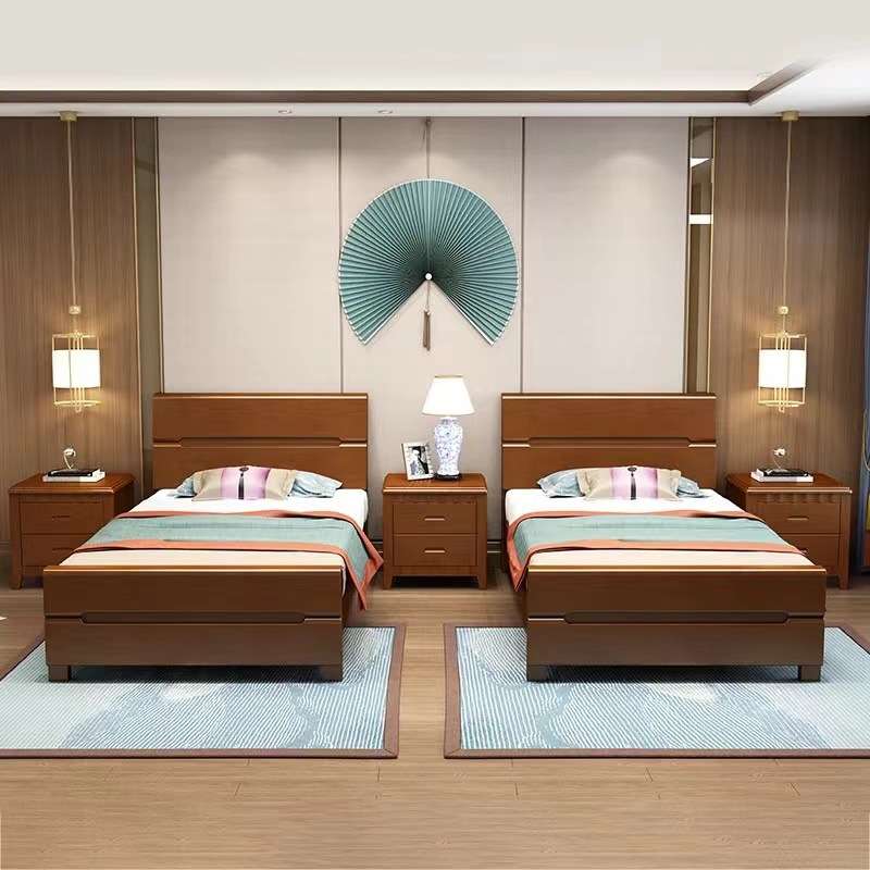 新中式实木床单人床1.2米1.5米经济型双人床宾馆民宿家用全实木床