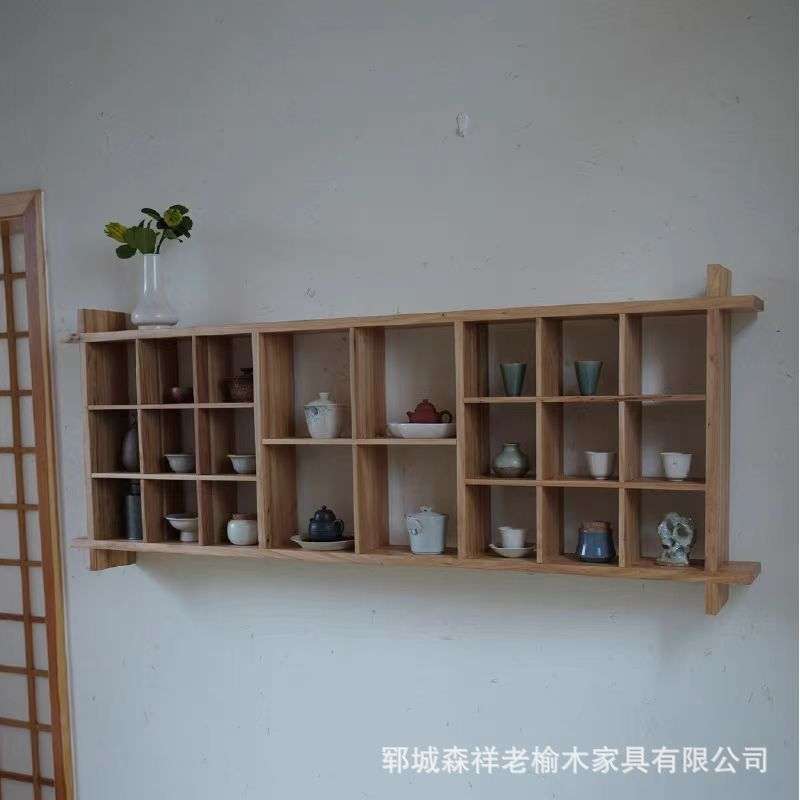 新中式墙面博古架禅意多宝阁老榆木瓷器茶具收纳展示架方格架