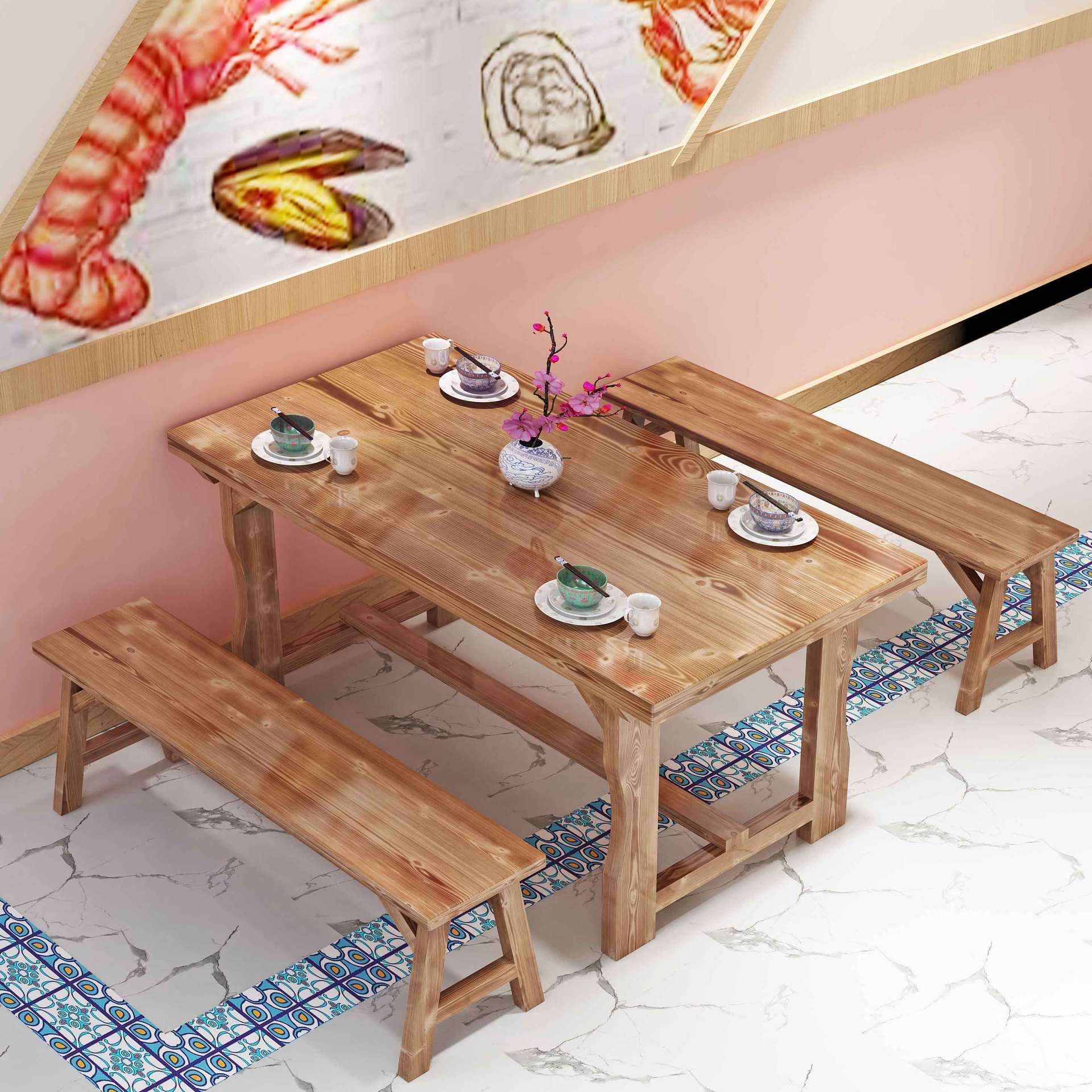 面馆桌椅小吃饭店快餐桌椅组合餐馆食堂餐桌烧烤大排档实木碳化桌