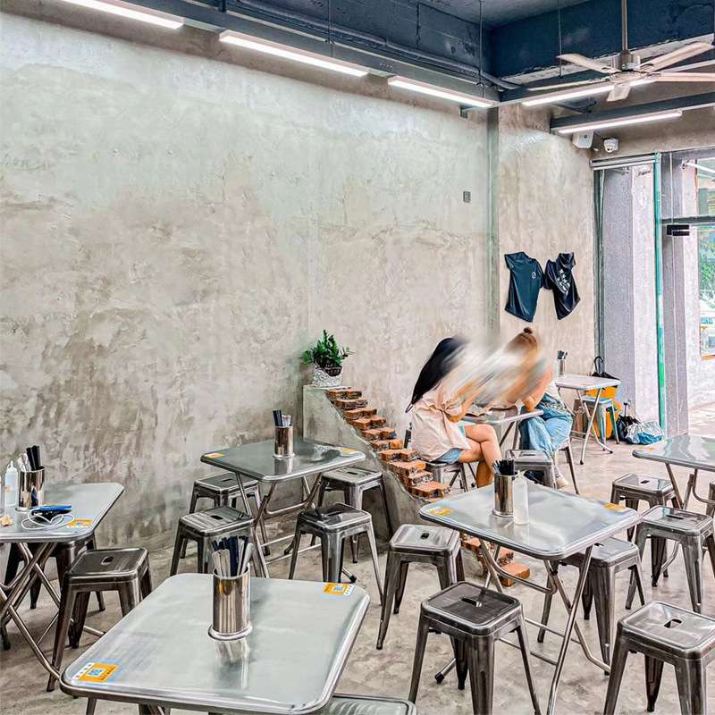 网红废墟工业风小吃店桌椅组合不锈钢椅子面馆折叠方桌组合商用