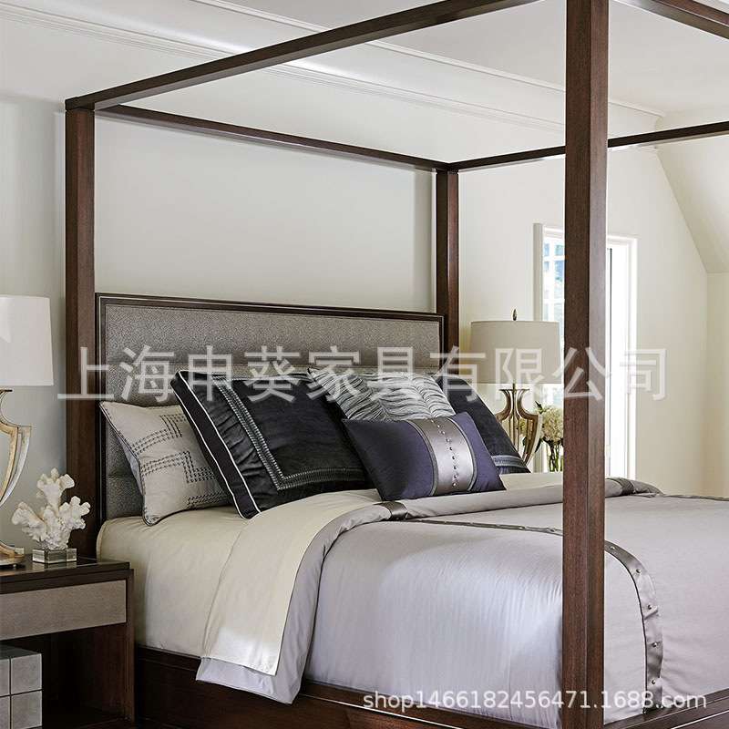 美式乡村实木双人床复古风经典简约四柱床卧室酒店别墅样板房家具