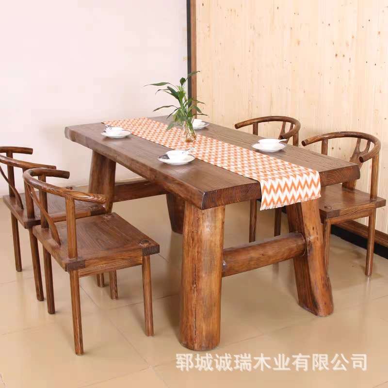 老榆木餐桌实木吃饭桌椅组合店用长方形茶台大板桌长条凳字多规格