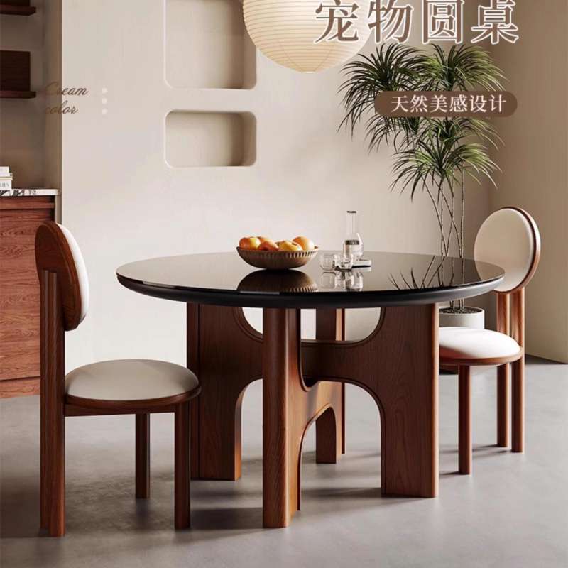 XW中古钢化玻璃餐桌椅家用法式复古胡桃色实木设计师圆形饭桌子