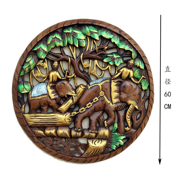 泰国实木雕花板大象拖车浮雕镂空柚木壁饰壁画东南亚家居装饰挂板
