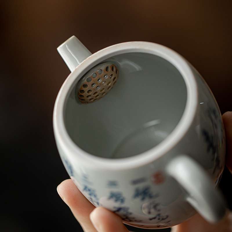 仿古青陶瓷纯手写茶壶鼓形壶诗文书法单壶带过滤泡茶壶瓷壶