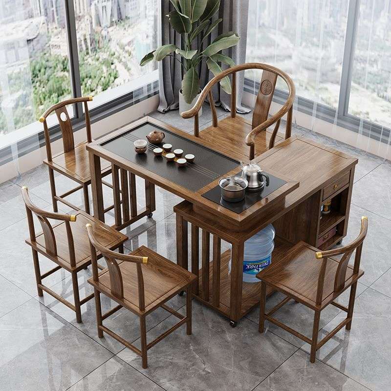 实木茶桌旋转式茶台阳台小户型移动1米1.2米桌椅组合橡胶木带烧水图片