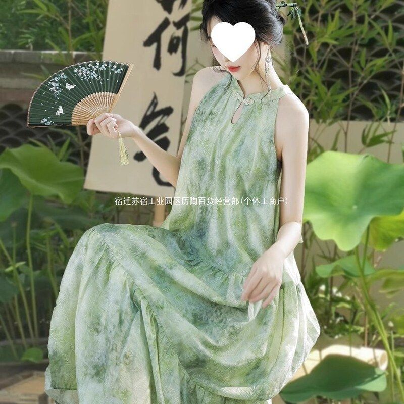 新中式改良旗袍挂脖无袖度假裙