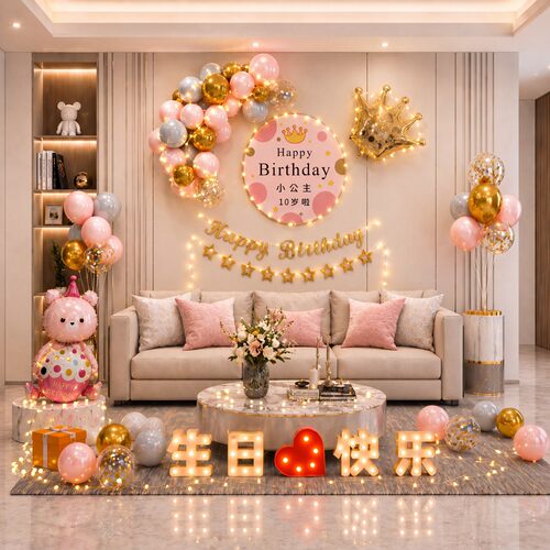 女孩10岁生日快乐仪式感派对周岁场景布置装饰气球背景海报定制十