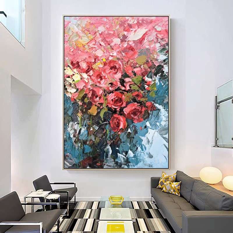 手绘油画简约玄关装饰画客厅走廊进门红色挂画玫瑰花大气壁画