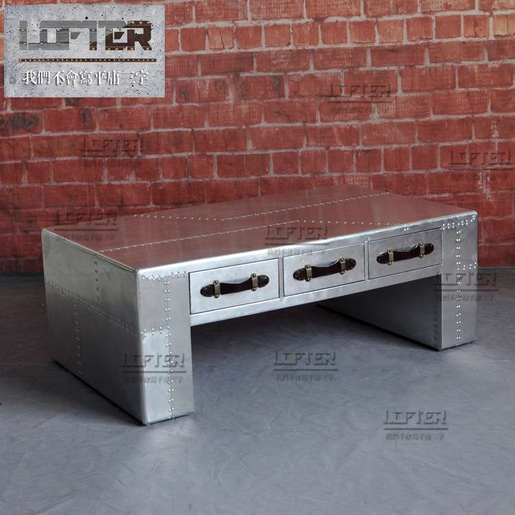 个性铝皮铆钉茶几后现代家具LOFT工业风复古方形三抽茶几酒吧茶几