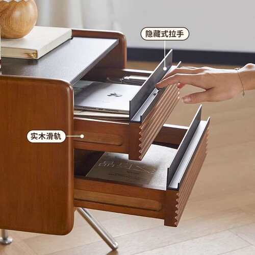 北欧实木床头柜 家用不锈钢岩板抽屉收纳边柜卧室复古储物床边柜