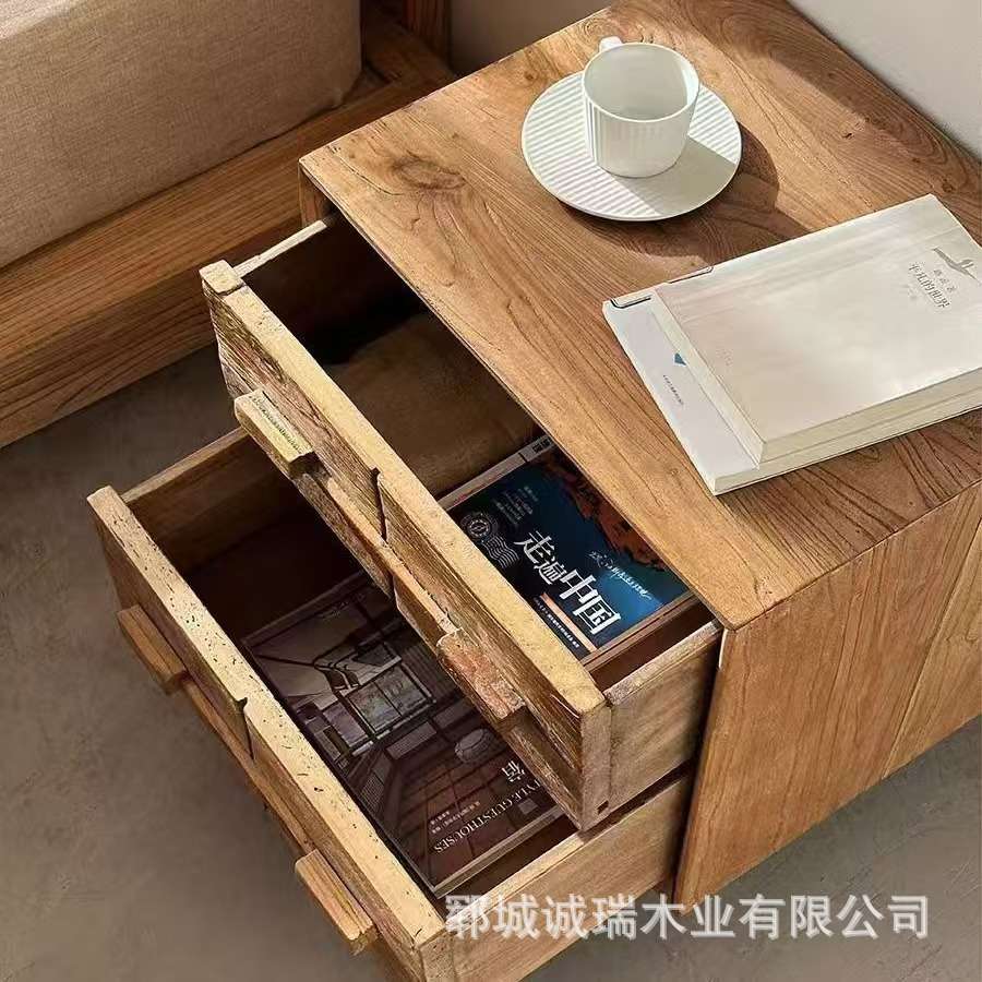 民宿老榆木落地床头柜抽屉式台灯桌子实木可移动储物柜床边收纳柜