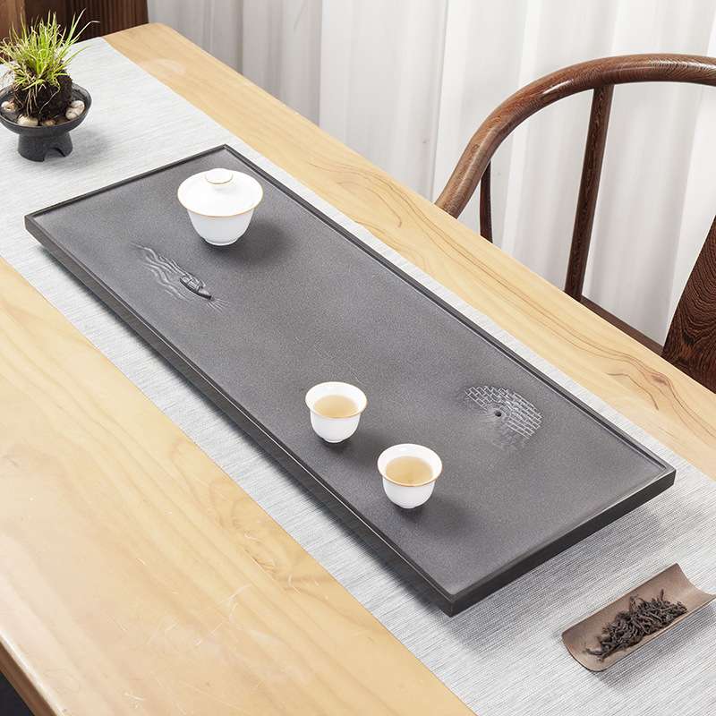 水上行舟乌金石茶盘茶具大小号套装整块石头 轻奢浮雕复古茶台